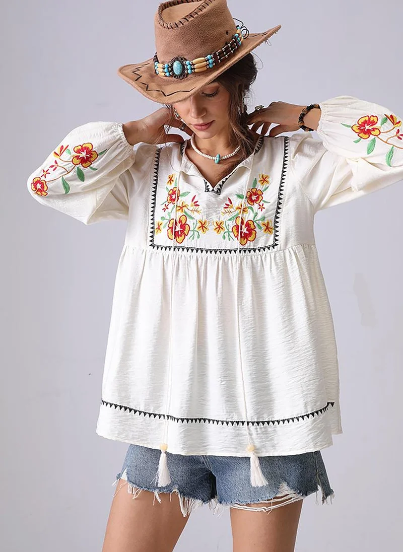 YUNIQEE Apricot V-Neck Long Sleeves A-Line Top