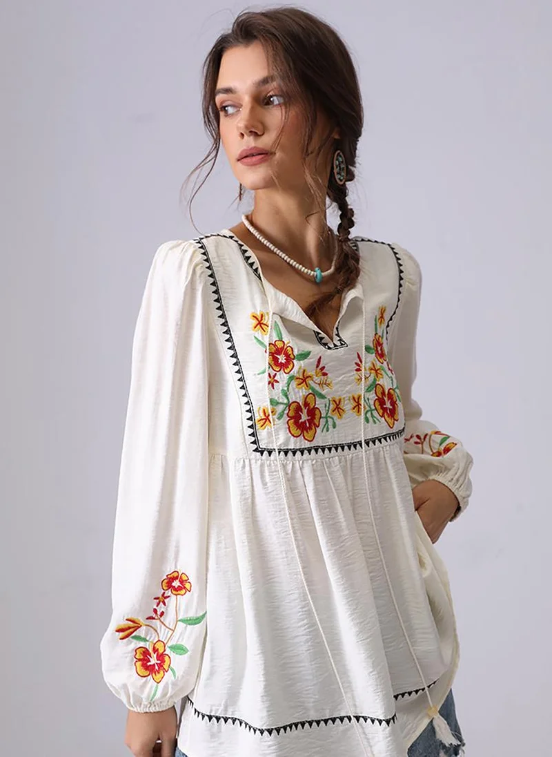 YUNIQEE Apricot V-Neck Long Sleeves A-Line Top