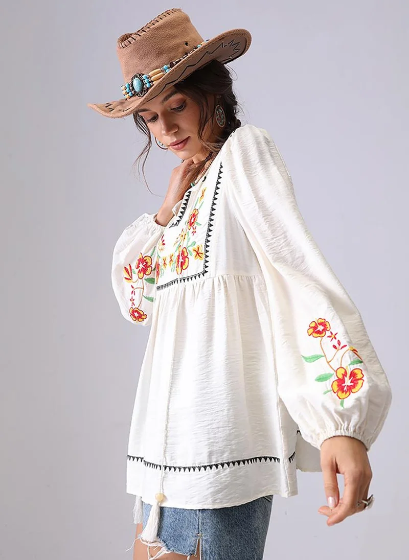 YUNIQEE Apricot V-Neck Long Sleeves A-Line Top