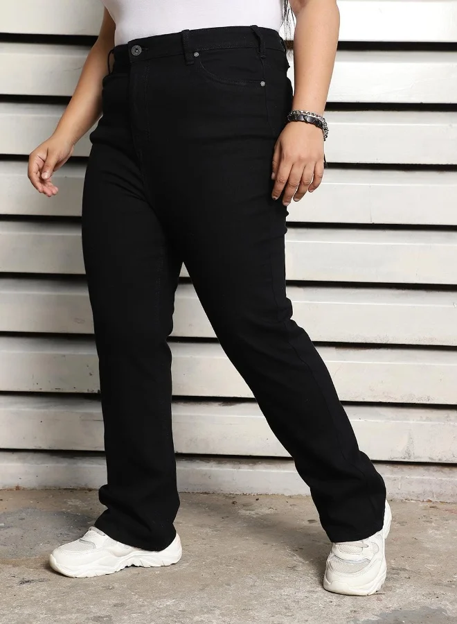 HIGH STAR Women's Black 100% Cotton Bleached Full Length Flared Jeans