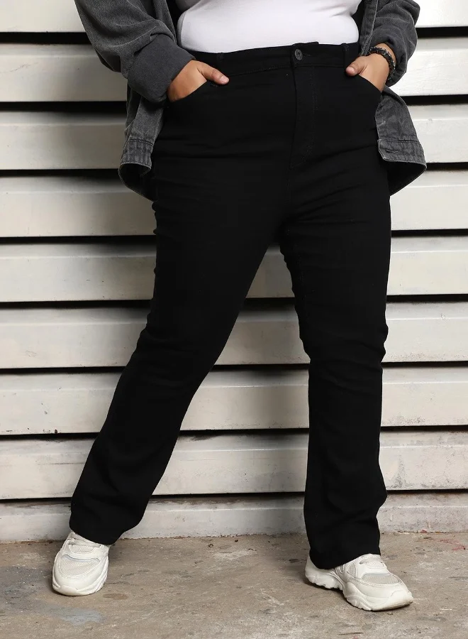 HIGH STAR Women's Black 100% Cotton Bleached Full Length Flared Jeans