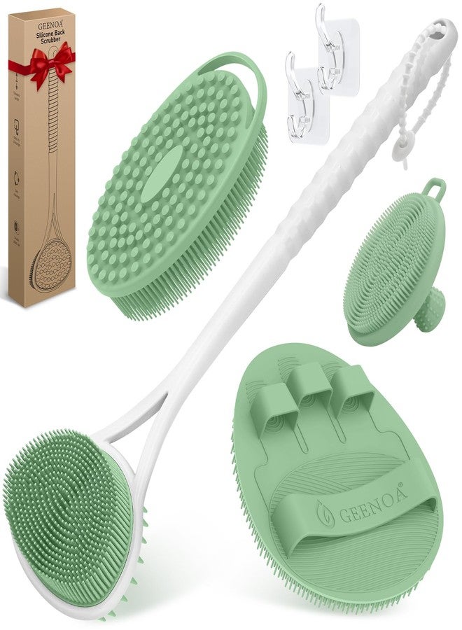 GEENOA Silicone Back Body Face Scrubbers Set 4PCS, 15.35’’ Back Scrubber Soft Body Scrubber for Dual-Side Usage, Easy-to-Hold Soft Bath Glove & Face Scrubber for Good Foaming Deep Cleaning(Green) - Image 1