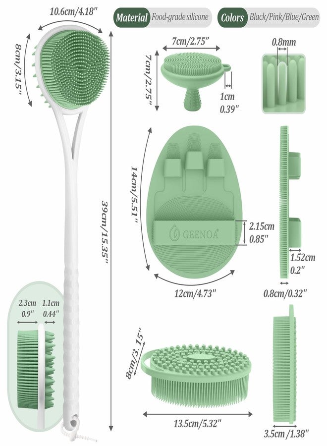 GEENOA Silicone Back Body Face Scrubbers Set 4PCS, 15.35’’ Back Scrubber Soft Body Scrubber for Dual-Side Usage, Easy-to-Hold Soft Bath Glove & Face Scrubber for Good Foaming Deep Cleaning(Green) - Image 2