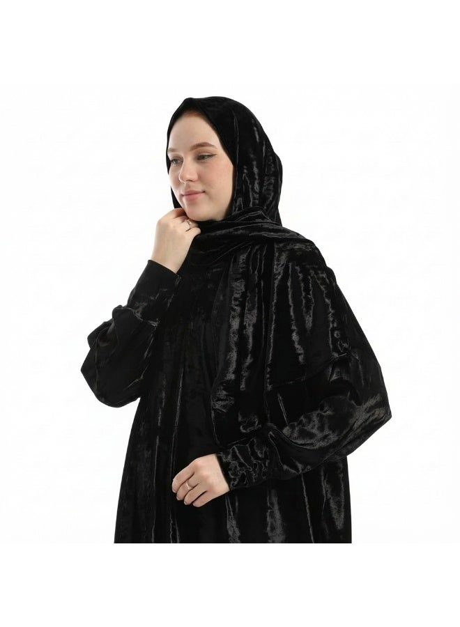 Premium Soft Velvet Prayer Dress with Attached Hijab - Plain Black - Warm Winter Prayer Clothes - Free Size - Image 2