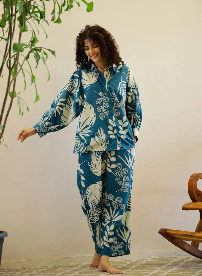 سانسكريتي هومز Sanskrutihomes Leaf Printed Pure Cotton Shirt and Pyjama Set