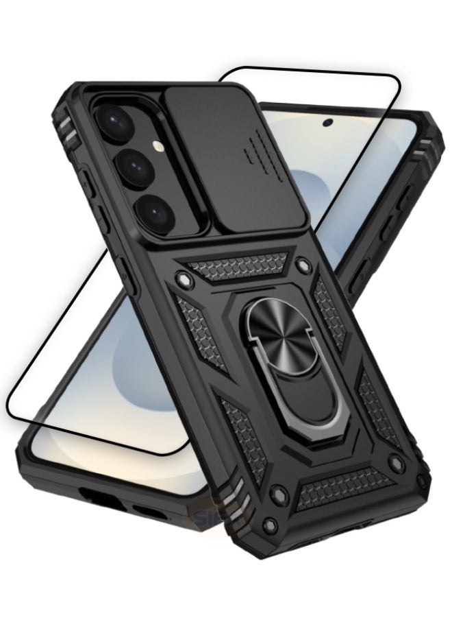 RUGGED SHIELD Samsung Galaxy S25 Case with HD Full Screen Tempered Glass Screen Protector, Slide Camera Cover, Built-in 360° Rotate Ring Kickstand, Heavy Duty Shockproof Drop Proof Protective Case for Samsung Galaxy S25 6.2 inch (Black, 1+1 Pack)  - Image 1