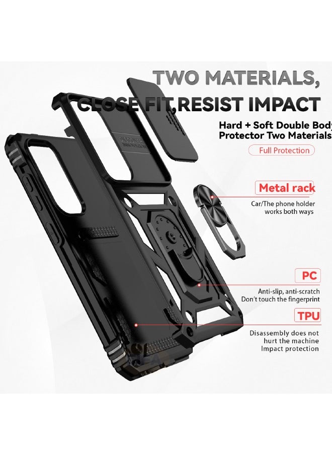 RUGGED SHIELD Samsung Galaxy S25 Case with HD Full Screen Tempered Glass Screen Protector, Slide Camera Cover, Built-in 360° Rotate Ring Kickstand, Heavy Duty Shockproof Drop Proof Protective Case for Samsung Galaxy S25 6.2 inch (Black, 1+1 Pack)  - Image 5