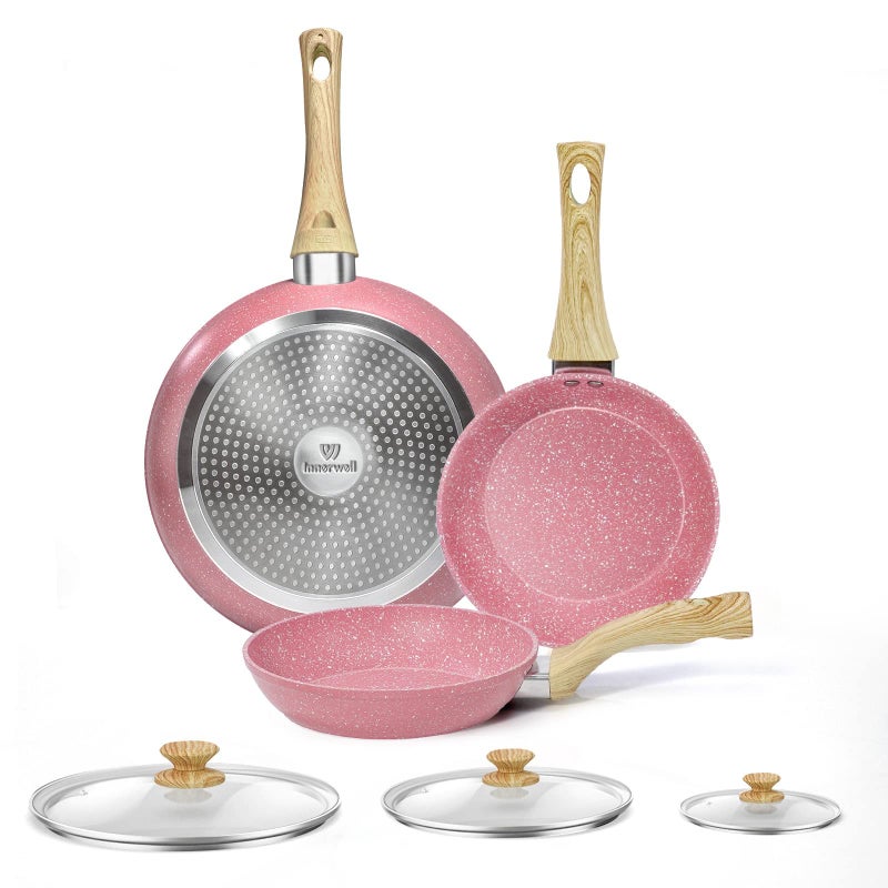Innerwell 3Piece Frying pan Set with lids 202428 cm NonStick Induction Frying pan Professional NonStick Granite Coating PFOAFree NonToxic OvenSafe DishwasherSafe Pink