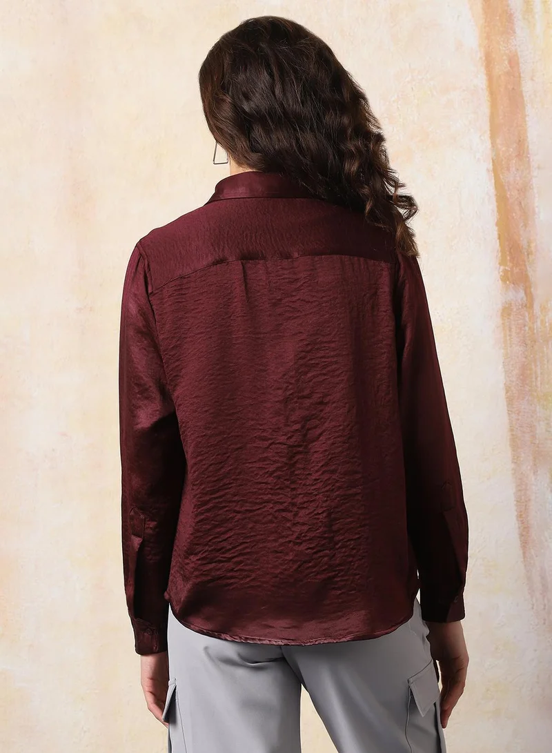 HIGH STAR Wine Women's Wine 100% Polyester Solid Pattern Button Down Boxy Shirt for Women | Best Price UAE