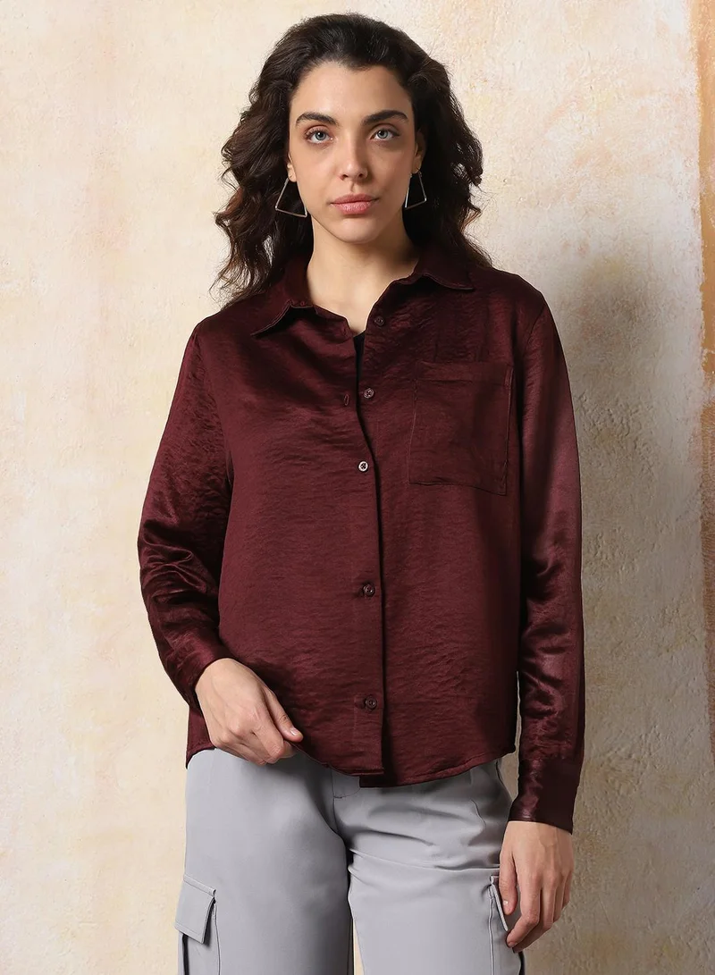 HIGH STAR Wine Women's Wine 100% Polyester Solid Pattern Button Down Boxy Shirt for Women | Best Price UAE