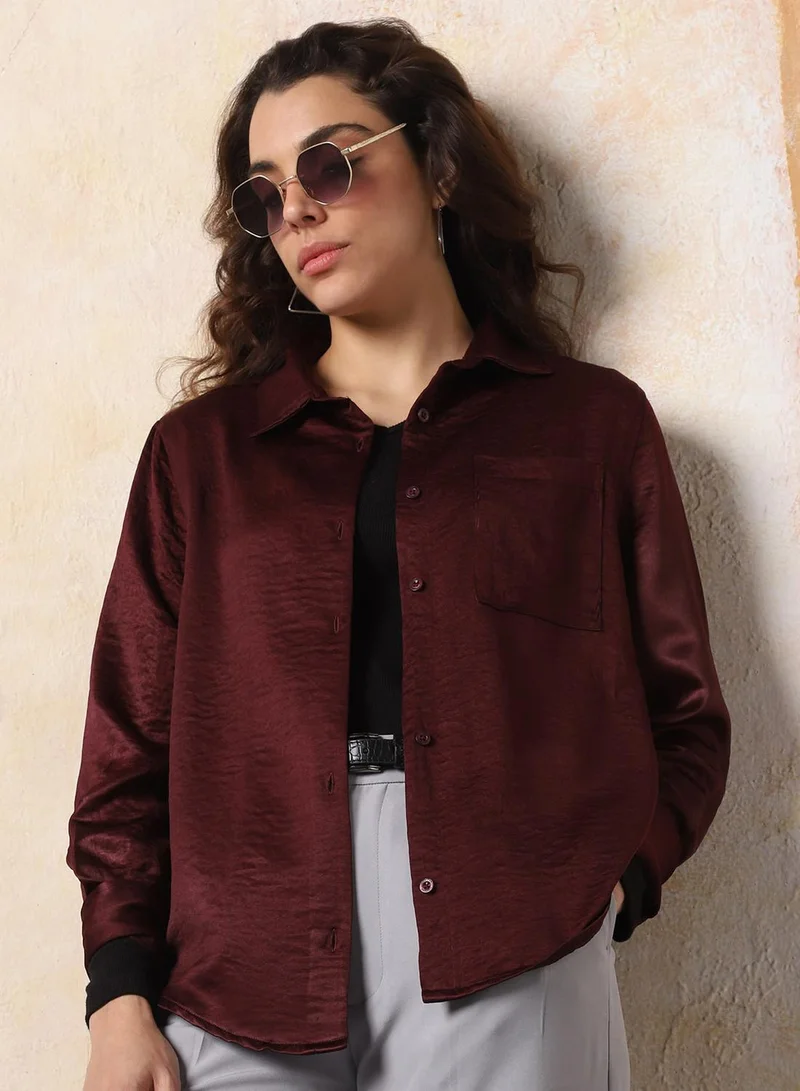 HIGH STAR Wine Women's Wine 100% Polyester Solid Pattern Button Down Boxy Shirt for Women | Best Price UAE