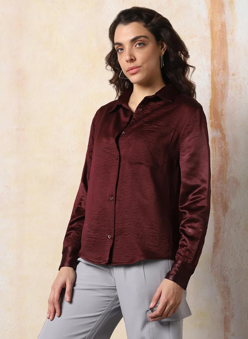 HIGH STAR Wine Women's Wine 100% Polyester Solid Pattern Button Down Boxy Shirt for Women | Best Price UAE