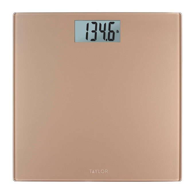 DIGITAL SCALE FOR BODY WEIGHT 400 LB CAPACITY DURABLE GLASS PLATFORM 118 X 118 INCHES EASY READ 32 X 15 IN DISPLAY OFFERING DAILY USE IN HOMES FOR ENHANCE PERFORMANCE CHAMPAGNE