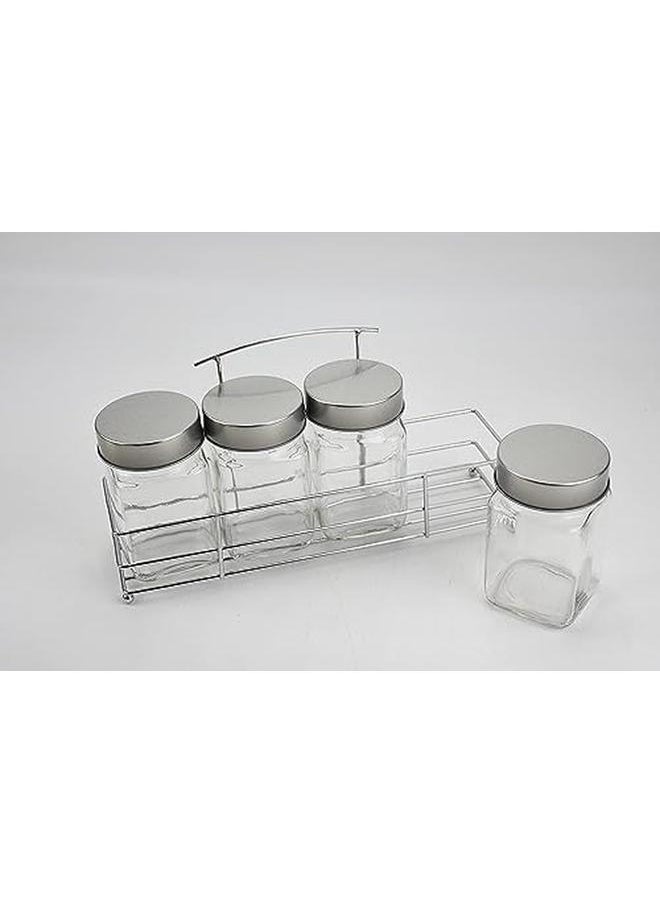 Orchid - 4Pcs Glass Spice Jar Set With Metal Rack Clear Spices Container Food Storage Jars With Rack Seasoning Jar Set Condiment Jar Salt And Pepper Set Seasoning Organizer Glass Bottle Jars 300Ml - Image 1