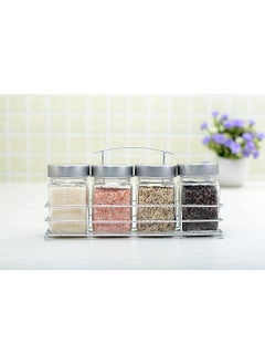4Pcs Glass Spice Jar Set With Metal Rack Clear Spices Container Food Storage Jars With Rack Seasoning Jar Set Condiment Jar Salt And Pepper Set Seasoning Organizer Glass Bottle Jars 300Ml