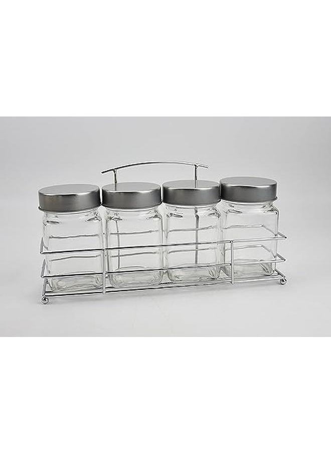 Orchid - 4Pcs Glass Spice Jar Set With Metal Rack Clear Spices Container Food Storage Jars With Rack Seasoning Jar Set Condiment Jar Salt And Pepper Set Seasoning Organizer Glass Bottle Jars 300Ml - Image 1