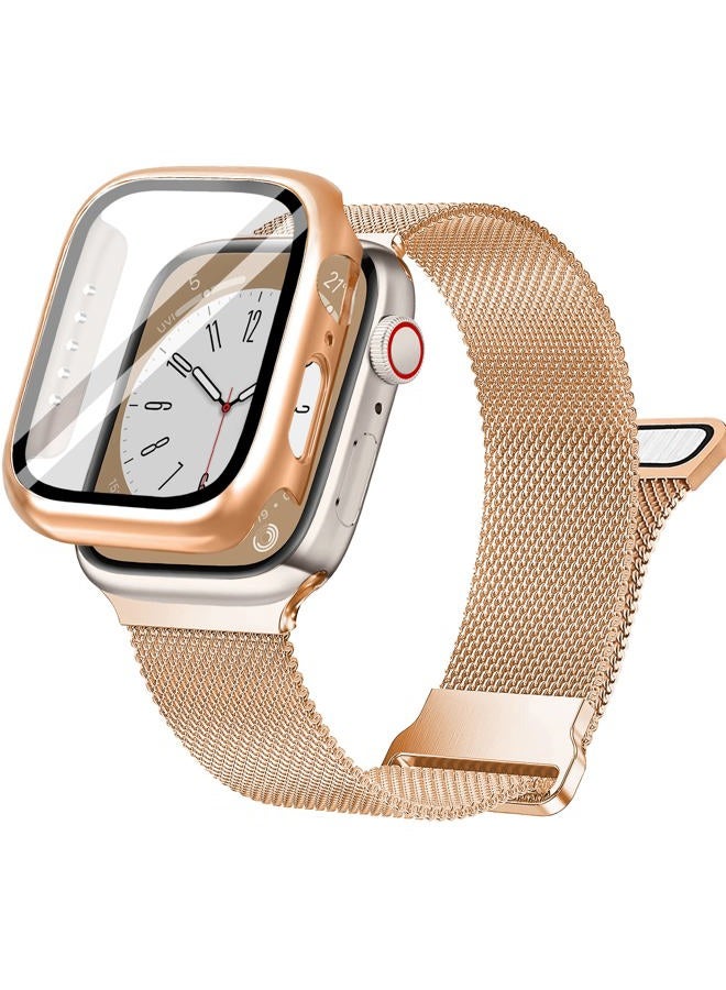 Mazuboho Mesh Loop Magnetic Band Compatible with Apple Watch Band 45mm with Screen Protector Case, Stainless Steel Mesh Milanese, Adjustable and Comfortable Band for iWatch Bands Series 9 8 7 (Rose Gold,45mm) - Image 1