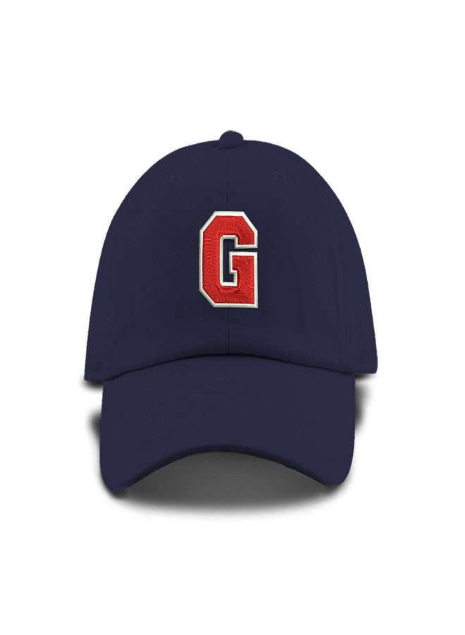 Monogram Letter or Number Baseball Cap - Toddler, Youth Kids, and Adult Adjustable Hat - Navy Hat with White and Red Thread (2-5 Toddler Size, G)