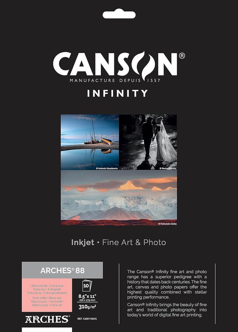 CANSON Canson Infinity Arches 88 Ultra Smooth Pure White Matte Inkjet Paper 310gsm 85x11 10 Sheets  - Image 1