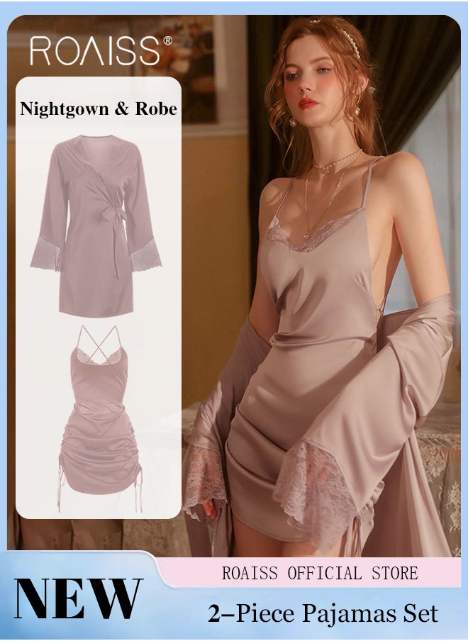 roaiss - 2-Piece Set of Women Pajamas with V-Neck Design Women Home Wear Set Same Color Outer Robe and Lace Element Nightgown - Image 1