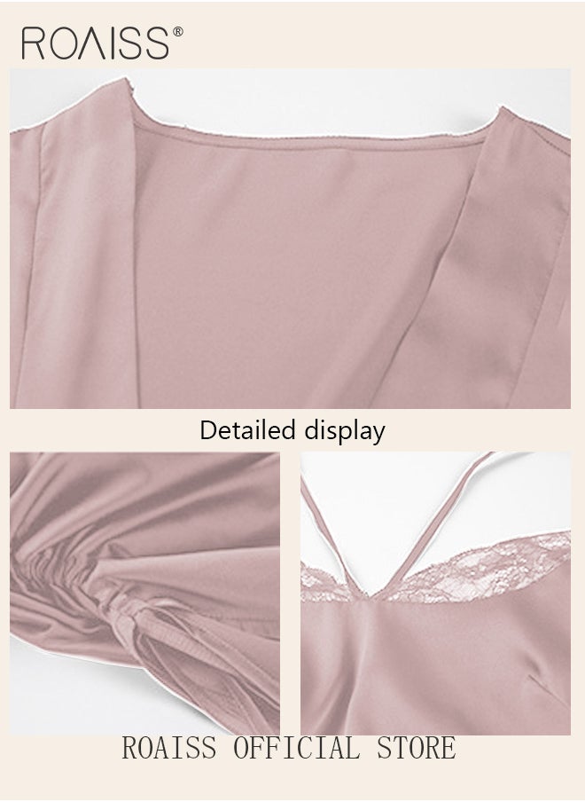 roaiss - 2-Piece Set of Women Pajamas with V-Neck Design Women Home Wear Set Same Color Outer Robe and Lace Element Nightgown - Image 1