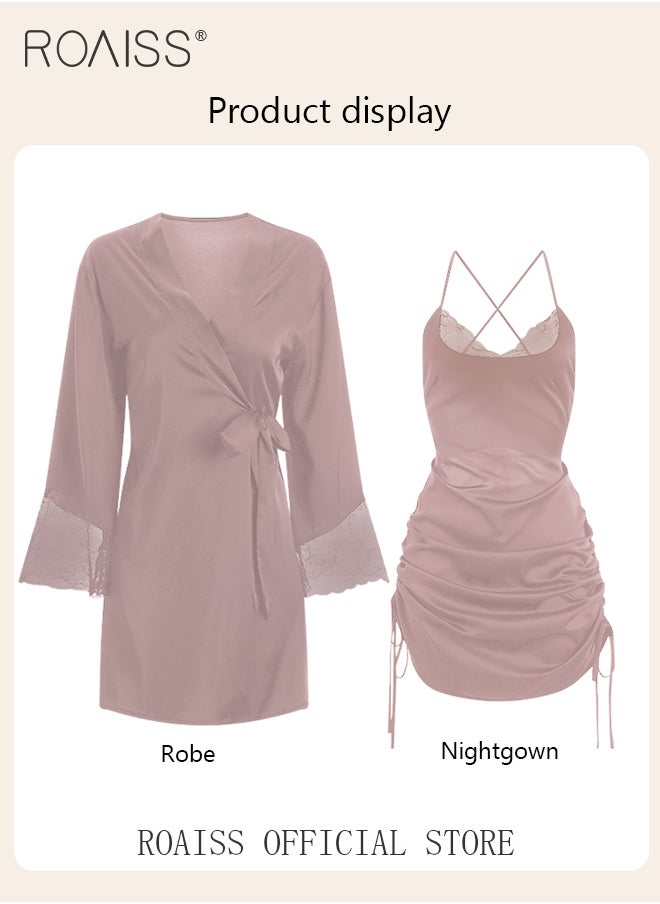 roaiss - 2-Piece Set of Women Pajamas with V-Neck Design Women Home Wear Set Same Color Outer Robe and Lace Element Nightgown - Image 1