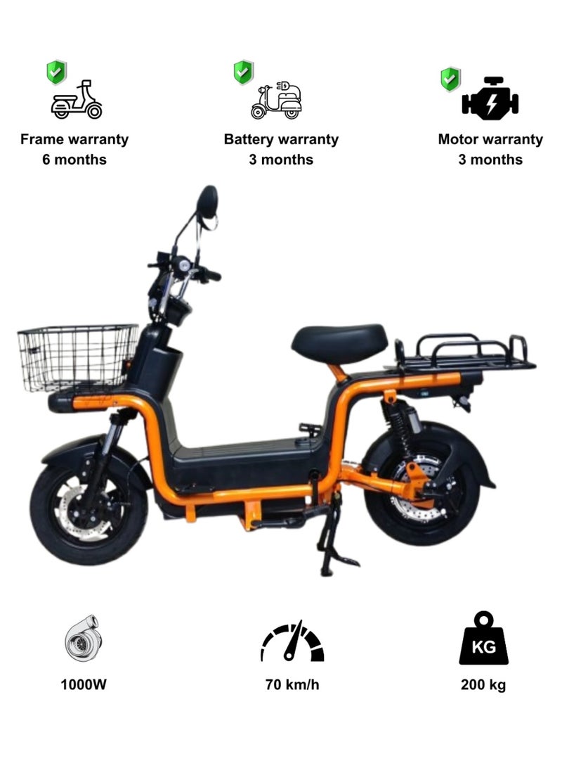 كاميل دراجة كهربائية ITQ-8 Pro للبالغين، بقدرة 1000 واط، إطارات مقاس 14 بوصة، مدى يصل إلى 105 كم، مزودة بسلة ومرايا، باللون البرتقالي. - Image 1