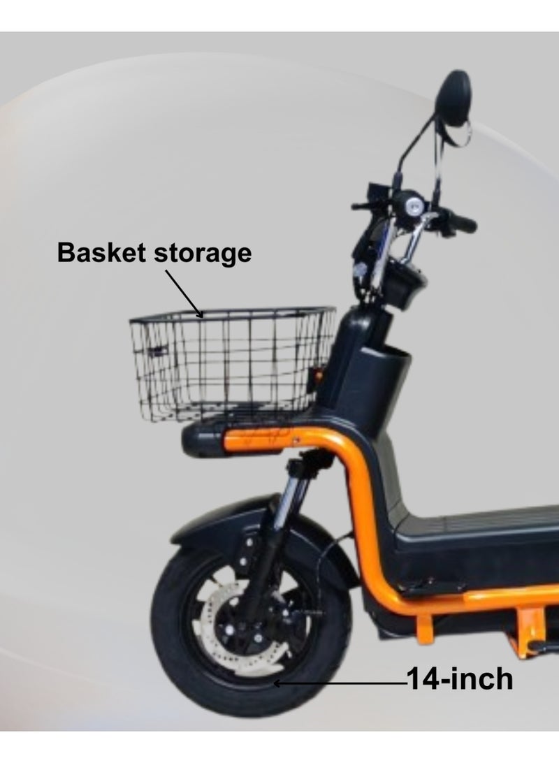 كاميل دراجة كهربائية ITQ-8 Pro للبالغين، بقدرة 1000 واط، إطارات مقاس 14 بوصة، مدى يصل إلى 105 كم، مزودة بسلة ومرايا، باللون البرتقالي. - Image 2