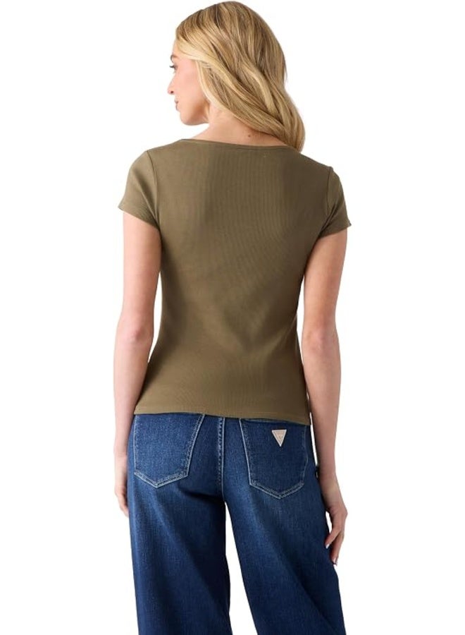جس GUESS بلوزة نسائية قصيرة الأكمام من Kaylee Rib Henley، لون أخضر زيتي - Image 3