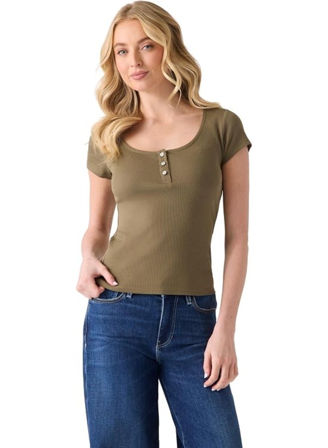 جس GUESS بلوزة نسائية قصيرة الأكمام من Kaylee Rib Henley، لون أخضر زيتي - Image 1