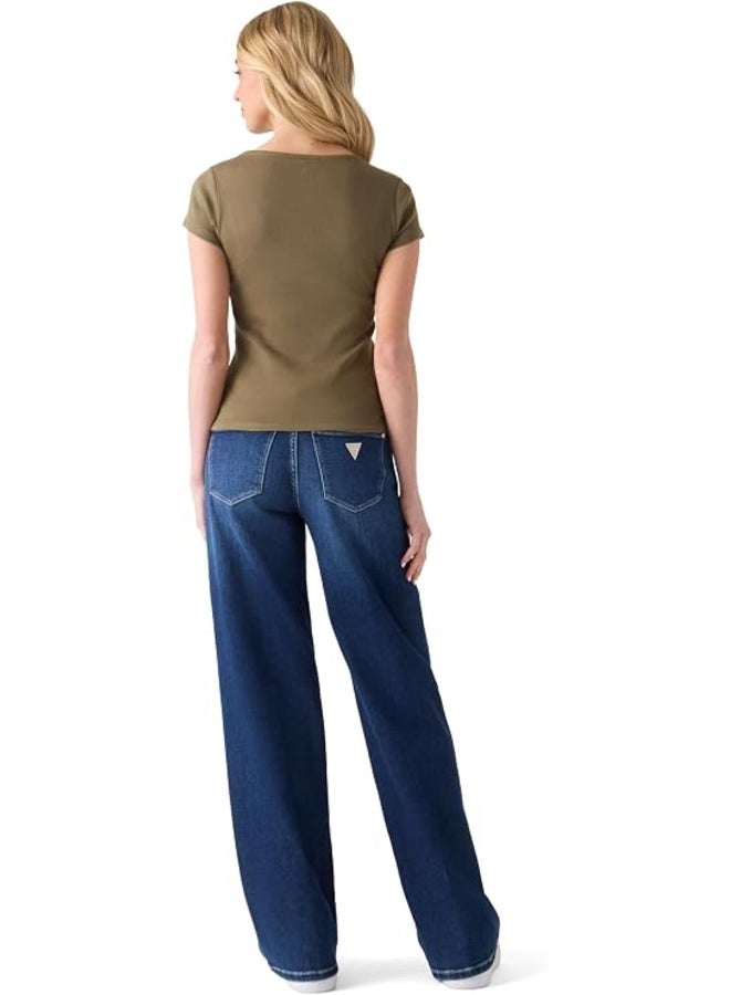 جس GUESS بلوزة نسائية قصيرة الأكمام من Kaylee Rib Henley، لون أخضر زيتي - Image 2