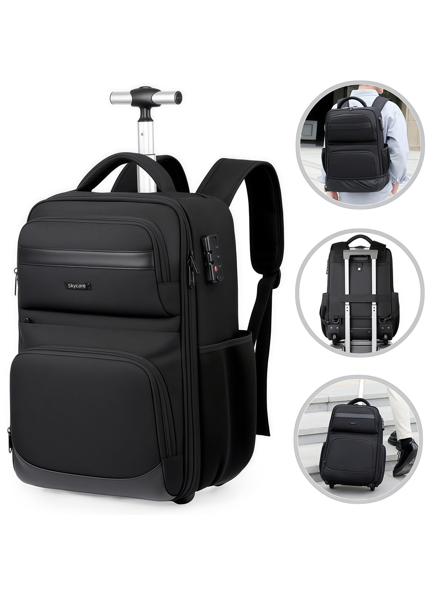 Rolling Backpack for Travel, 16 Inch Laptop Backpack with Wheels, Waterproof Carry On Luggage, Lightweight Business Trolley Bag with Anti-Theft Lock for Men & Women