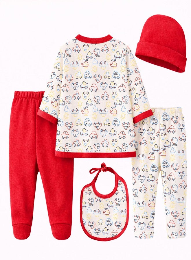 Kidbee Baby Clothing Gift Set for Boys & Girls, 5 Piece Newborn Clothing Combo with Front Open Top, Pajama, Printed Pant, Cap & Bib, Soft Cotton, 0–6 Months Baby (Red-CMB-501) - Image 3
