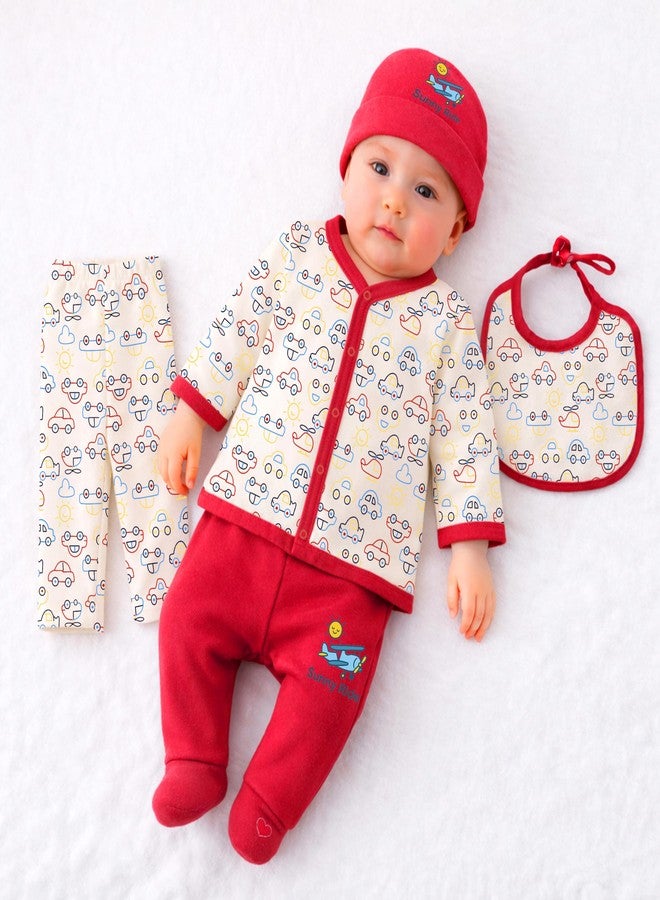 Kidbee Baby Clothing Gift Set for Boys & Girls, 5 Piece Newborn Clothing Combo with Front Open Top, Pajama, Printed Pant, Cap & Bib, Soft Cotton, 0–6 Months Baby (Red-CMB-501) - Image 1