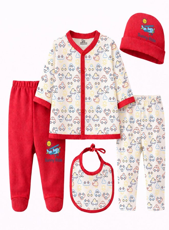 Kidbee Baby Clothing Gift Set for Boys & Girls, 5 Piece Newborn Clothing Combo with Front Open Top, Pajama, Printed Pant, Cap & Bib, Soft Cotton, 0–6 Months Baby (Red-CMB-501) - Image 2