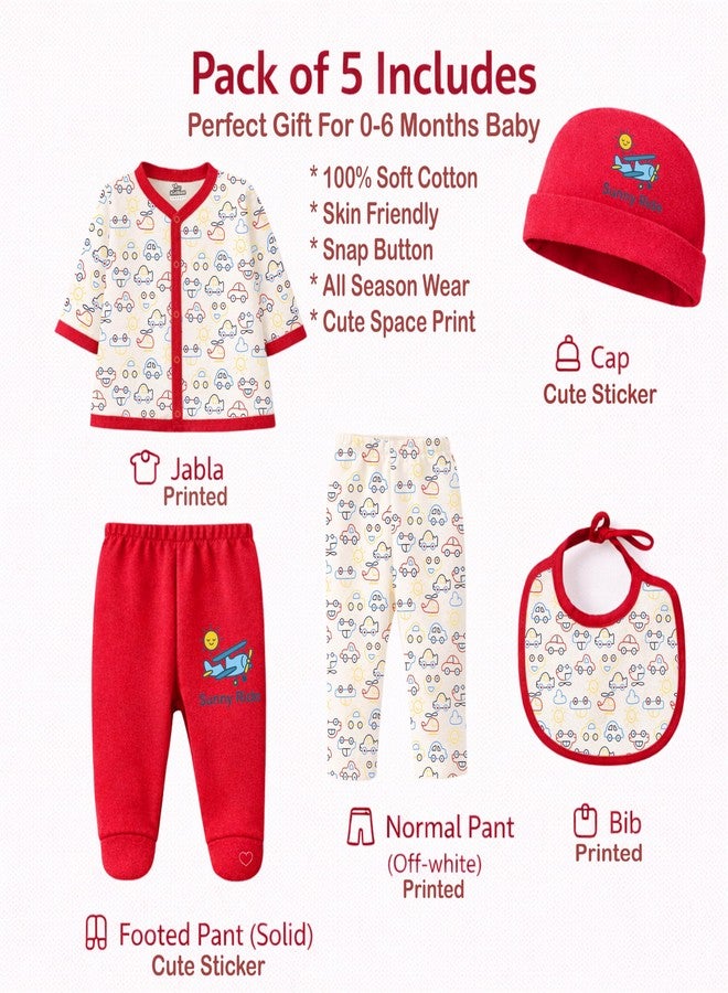 Kidbee Baby Clothing Gift Set for Boys & Girls, 5 Piece Newborn Clothing Combo with Front Open Top, Pajama, Printed Pant, Cap & Bib, Soft Cotton, 0–6 Months Baby (Red-CMB-501) - Image 5