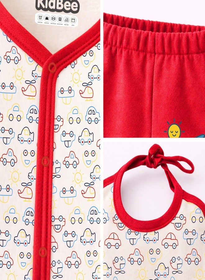 Kidbee Baby Clothing Gift Set for Boys & Girls, 5 Piece Newborn Clothing Combo with Front Open Top, Pajama, Printed Pant, Cap & Bib, Soft Cotton, 0–6 Months Baby (Red-CMB-501) - Image 4