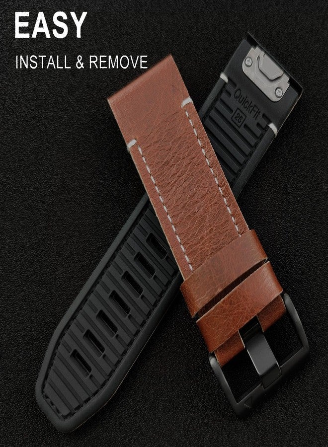 Abanen Quick Fit 26mm Leather Watch Bands for Garmin Instinct 2X / Fenix 7X / Fenix 6X / Fenix 5X, Fiber Leather with Silicone Lining Stitches Soft Sweat-proof Wrist Strap for EPIX Pro 51mm (Brown) - Image 2