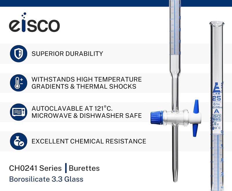 EISCO 25ml Schellbach Glass Burette - Class A - PTFE Stopcock - Image 2
