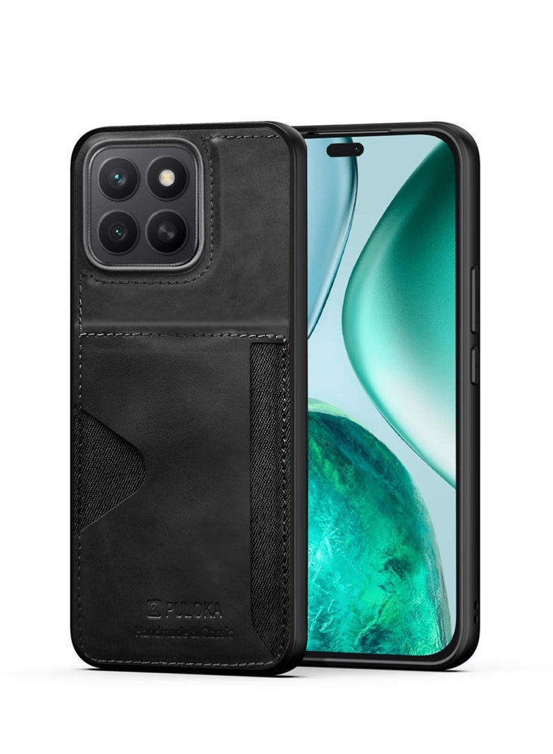 PULOKA Honor X8c 4G 2025 PULOKA Card Holder Skin-feel PU Leather Back Silicone Sides Case Cover - Black - Image 1
