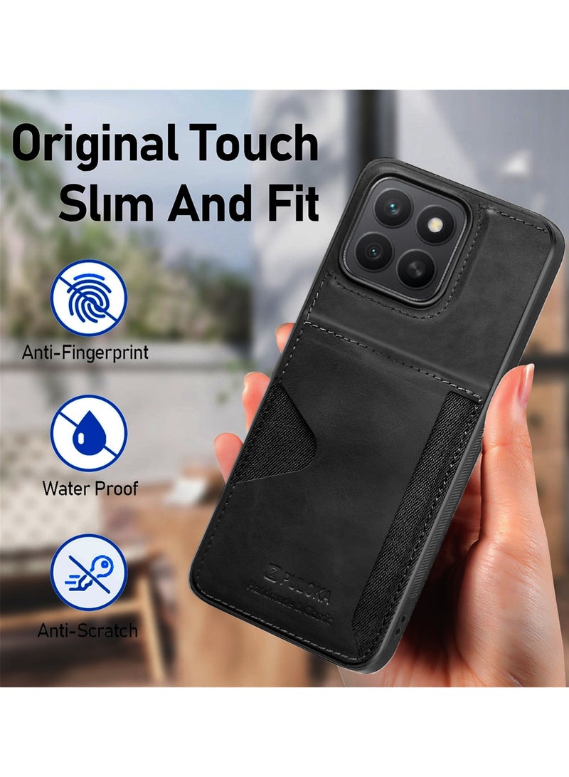 PULOKA Honor X8c 4G 2025 PULOKA Card Holder Skin-feel PU Leather Back Silicone Sides Case Cover - Black - Image 2