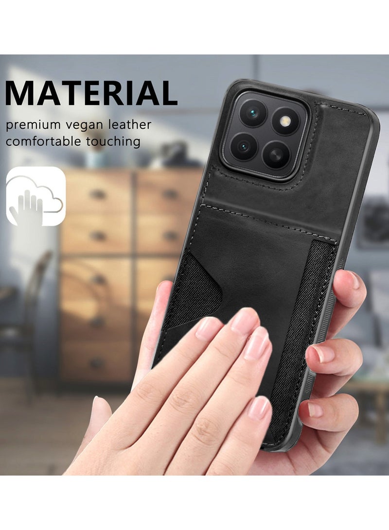 PULOKA Honor X8c 4G 2025 PULOKA Card Holder Skin-feel PU Leather Back Silicone Sides Case Cover - Black - Image 4