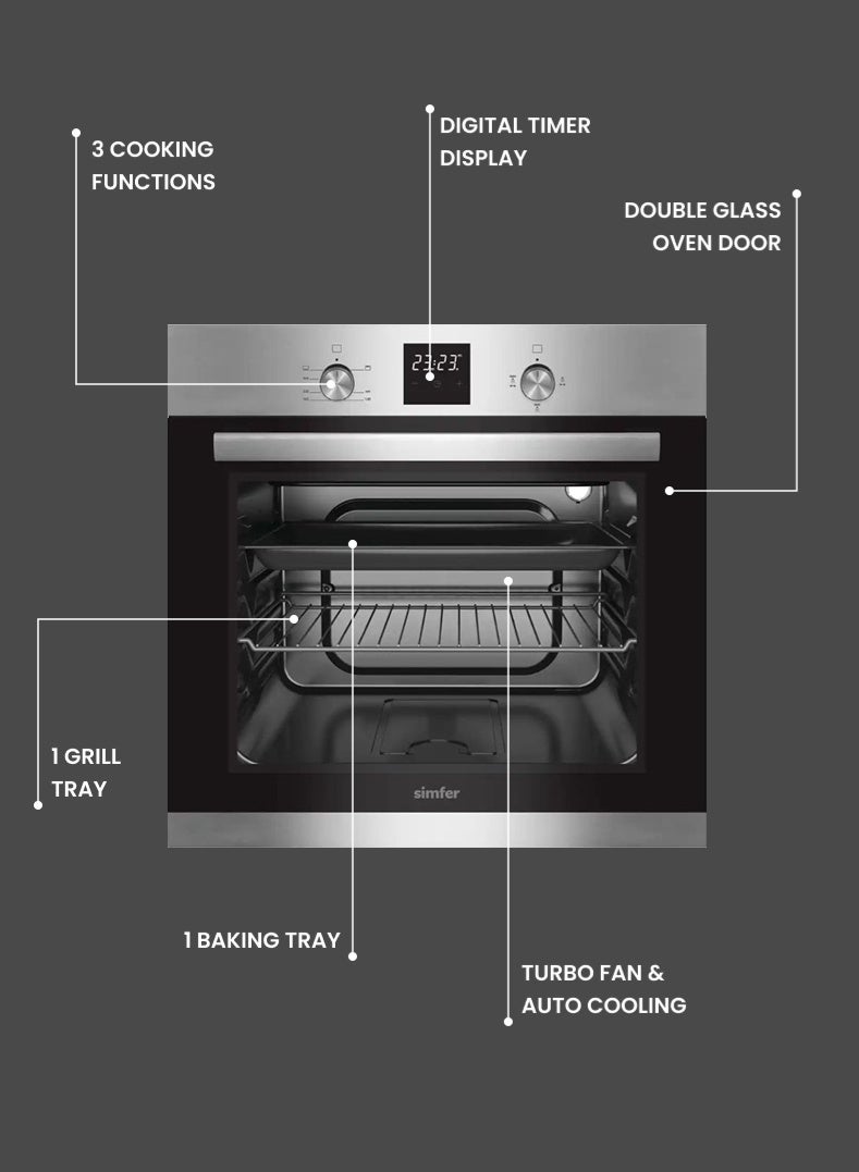 Simfer Gas Oven 60 cm | 63L Large Capacity | Gas Grill with FFD Safety | Digital Programmer Timer Fan Light | 3 Cooking Functions | Stainless Steel Control Panel | Double Black Glass Door Low-E | Turbo Cooling | SMF603BOG-DT - Image 3