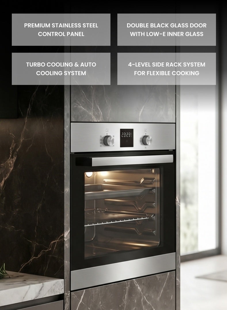 Simfer Gas Oven 60 cm | 63L Large Capacity | Gas Grill with FFD Safety | Digital Programmer Timer Fan Light | 3 Cooking Functions | Stainless Steel Control Panel | Double Black Glass Door Low-E | Turbo Cooling | SMF603BOG-DT - Image 4