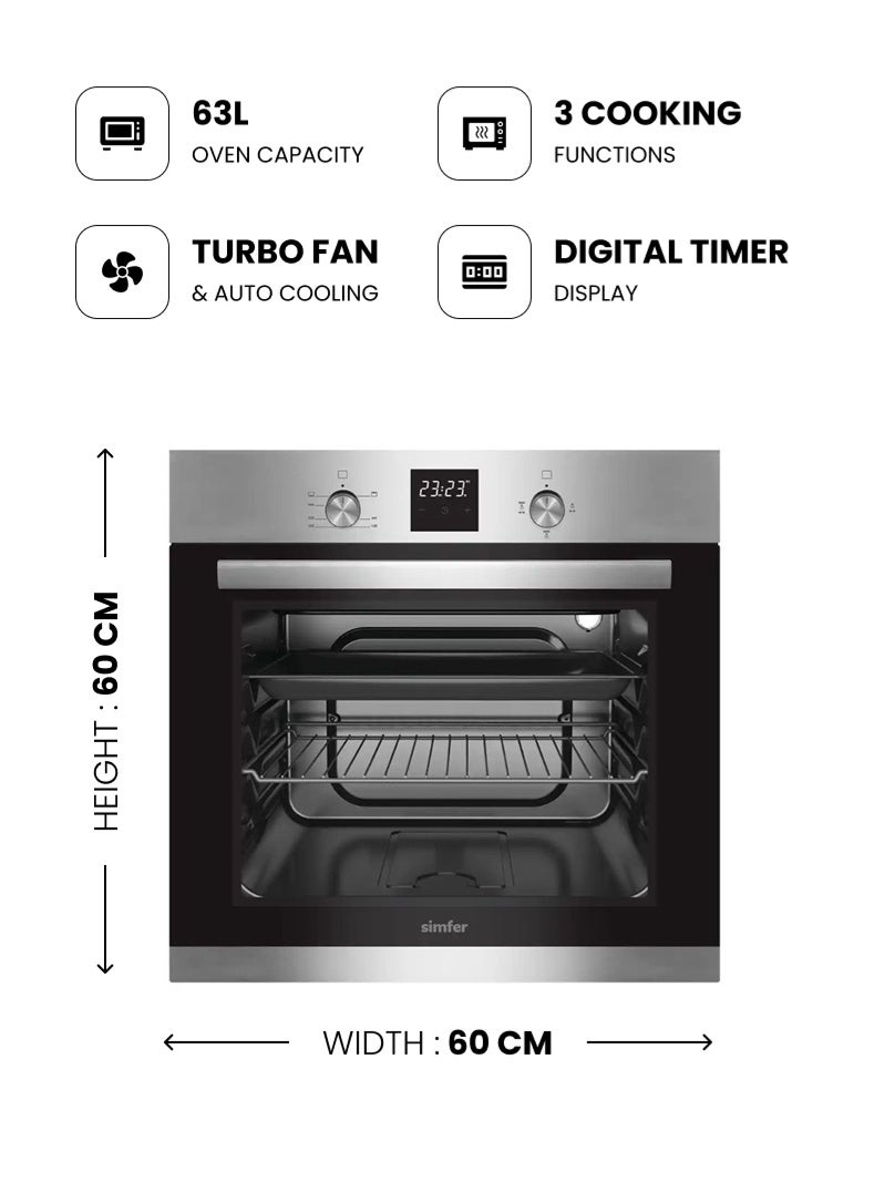 Simfer Gas Oven 60 cm | 63L Large Capacity | Gas Grill with FFD Safety | Digital Programmer Timer Fan Light | 3 Cooking Functions | Stainless Steel Control Panel | Double Black Glass Door Low-E | Turbo Cooling | SMF603BOG-DT - Image 2
