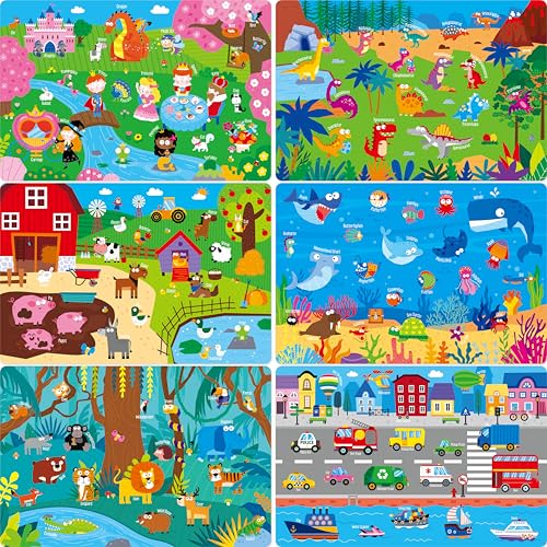 SpriteGru 6 Pack Placemats for Kids, Non-Slip Washable Dining Mats, Reusable Jungle, Underwater World, Farm, Dinosaur, Vehicle & Magic World Table Mats for Home, Kindergarten, Classroom, Nursery - Image 1