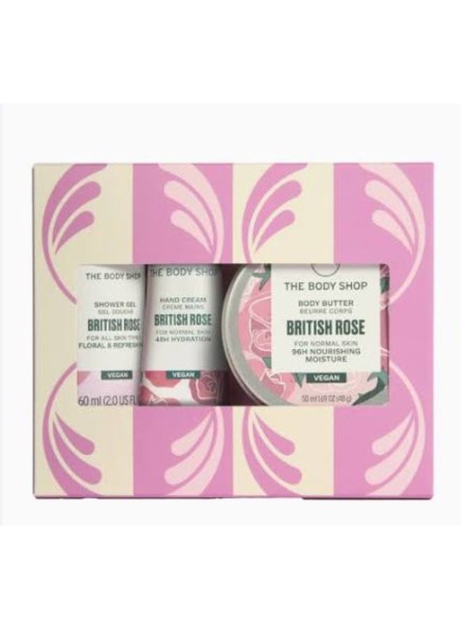 British Rose Mini Gift Set – Shower Gel (60 Ml) And Body Butter (50 Ml) And Hand Cream (30 Ml) – Fresh Rose-Petal Fragrance Trio For Gentle Cleansing, Deep Hydration And Silky Smooth Skin