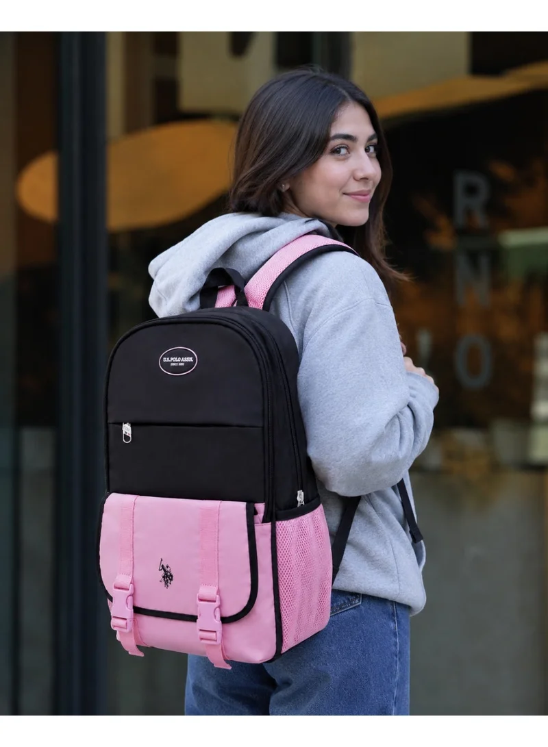 U.S. Polo Assn. BLACK-POWDER PINK U.S. Polo Assn. Classic Black Blush Heritage Buckle Backpack for School and Office MultiCompartment Bag for Campus  | Best Price UAE
