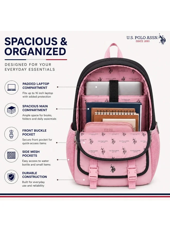 U.S. Polo Assn. U.S. Polo Assn. Classic Black Blush Heritage Buckle Backpack for School and Office MultiCompartment Bag for Campus