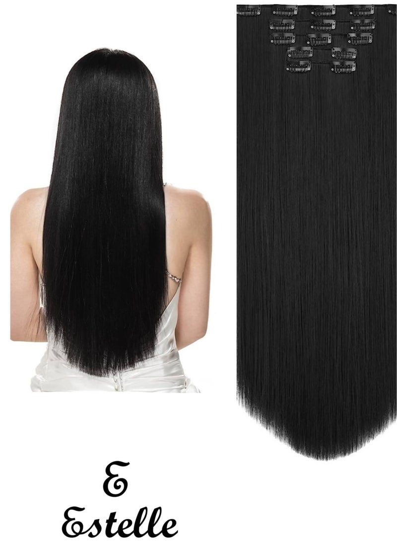 إستيل وصلات شعر بمشبك للنساء، قطع شعر من الألياف، وصلات شعر بلاستيكية سميكة مع مشابك غير مرئية للسيدات، 5 قطع باللون الأسود الداكن - Image 1